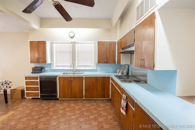 kitchen with black dishwasher, stainless steel gas cooktop, a textured ceiling, sink, and ceiling fan