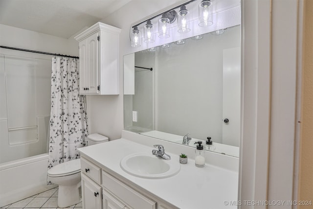 full bathroom featuring vanity, shower / bath combination with curtain, toilet, and tile patterned flooring