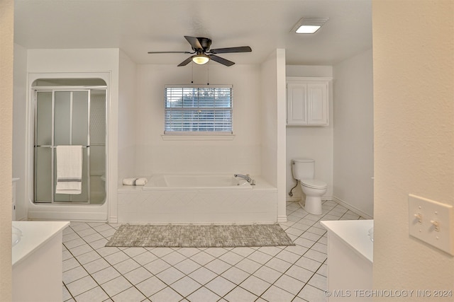 full bathroom with tile patterned floors, plus walk in shower, toilet, and ceiling fan