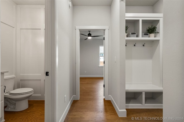 mudroom with ceiling fan and hardwood / wood-style floors