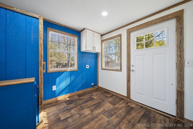 foyer with a healthy amount of sunlight, ornamental molding, and dark hardwood / wood-style floors