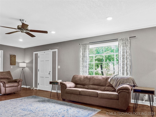 living room featuring dark hardwood / wood-style floors and ceiling fan