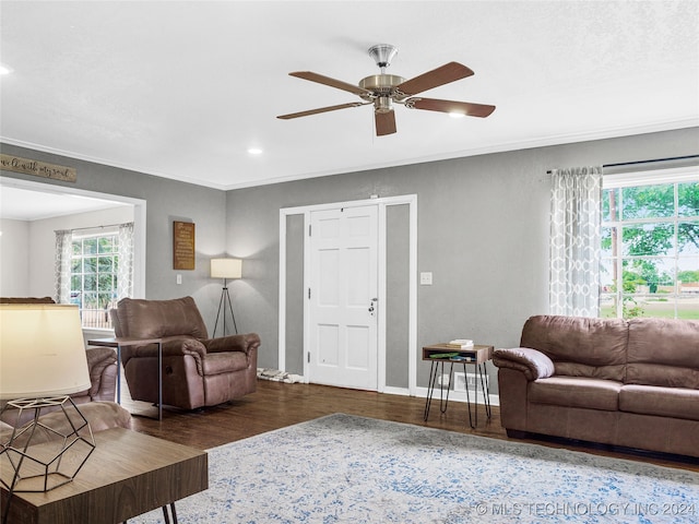 living room featuring crown molding, ceiling fan, and dark hardwood / wood-style flooring