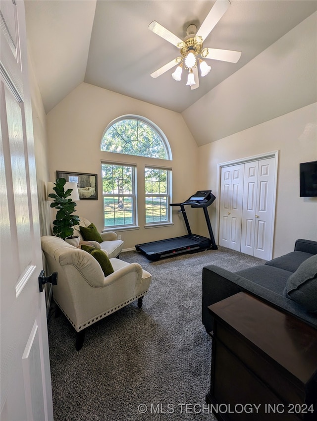 carpeted living room featuring lofted ceiling and ceiling fan