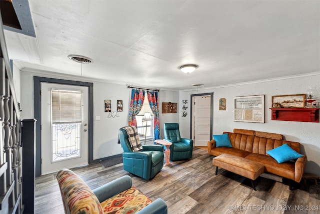 living room with crown molding and wood-type flooring