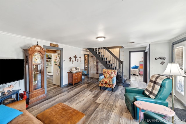 living room with ornamental molding and hardwood / wood-style flooring