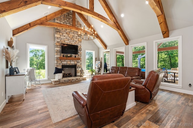 living room with beamed ceiling, high vaulted ceiling, dark wood-type flooring, and a fireplace