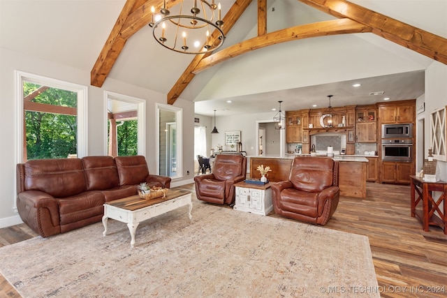 living room with high vaulted ceiling, beamed ceiling, dark hardwood / wood-style flooring, and a chandelier