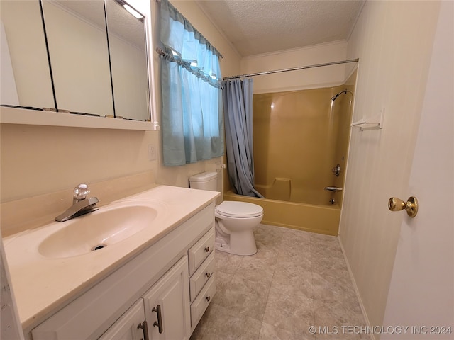 full bathroom featuring vanity, toilet, shower / bathtub combination with curtain, and a textured ceiling