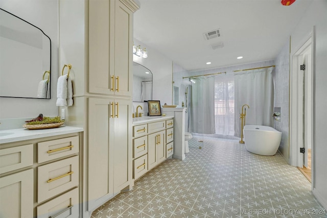 full bathroom featuring vanity, independent shower and bath, and toilet