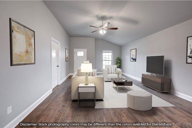 living room with dark wood-type flooring, ceiling fan, and vaulted ceiling