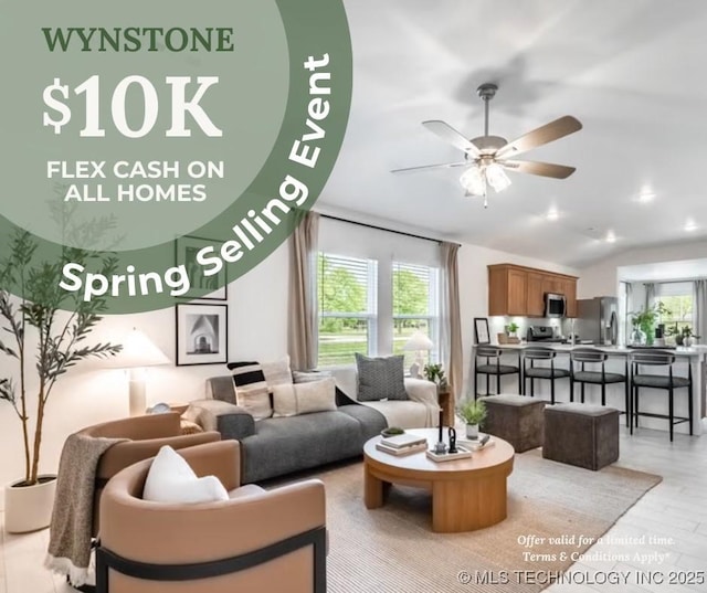 10804 S 274th Ave E, Coweta, OK 74429 - living area with a ceiling fan and lofted ceiling