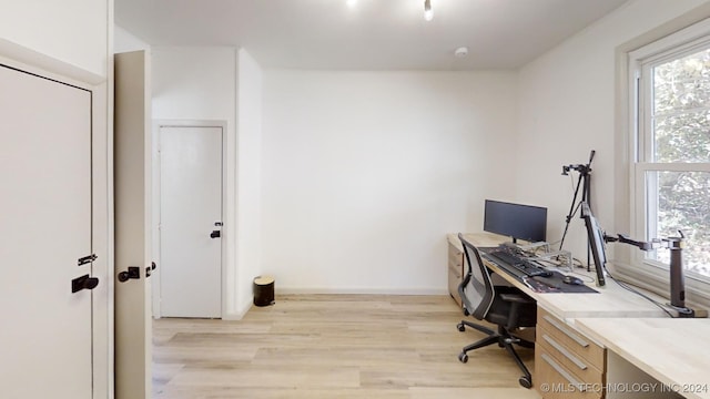 office space with light hardwood / wood-style flooring and a healthy amount of sunlight