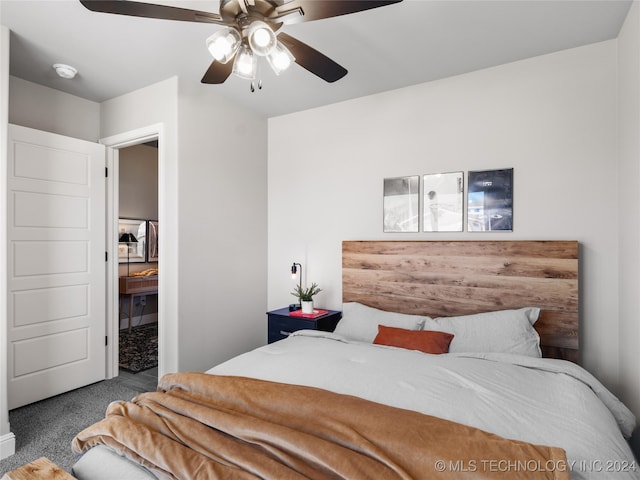 bedroom with ceiling fan and carpet