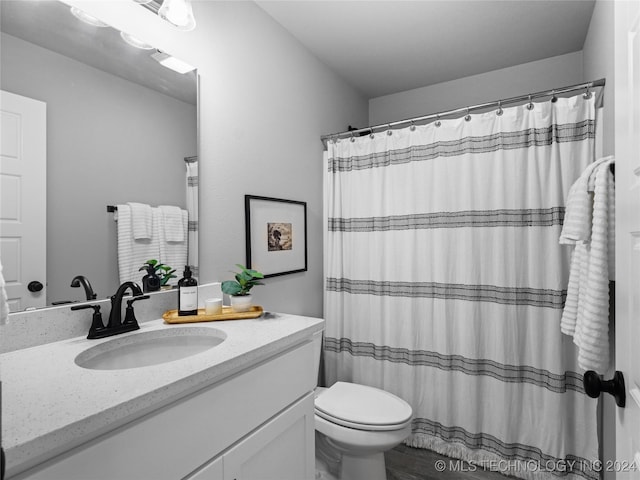 bathroom featuring vanity, a shower with shower curtain, and toilet