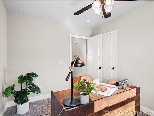 home office with ceiling fan and carpet