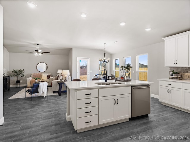 kitchen featuring dishwasher, a kitchen island with sink, sink, white cabinetry, and dark hardwood / wood-style flooring