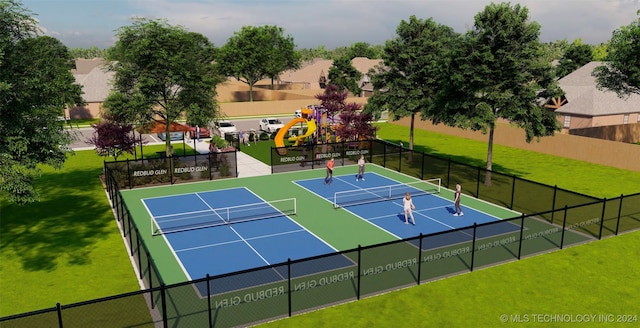 view of tennis court featuring a playground, a yard, and basketball court