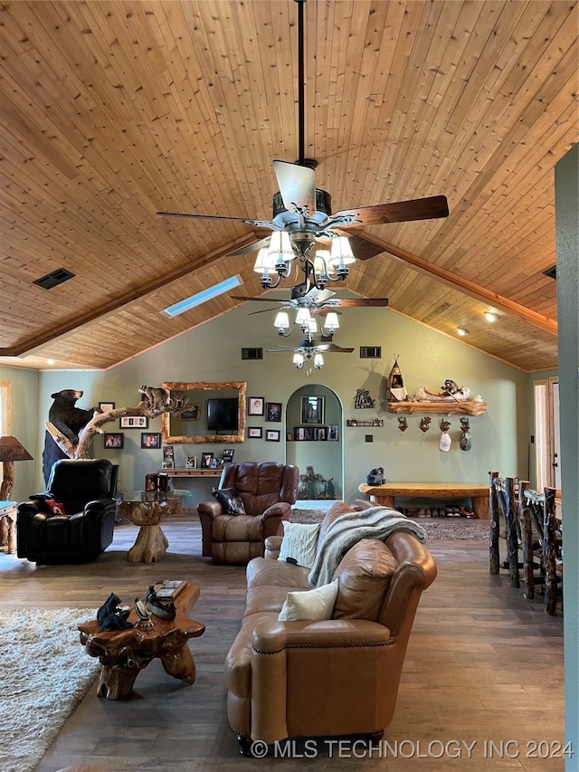 living room featuring vaulted ceiling with beams, wood-type flooring, and wood ceiling