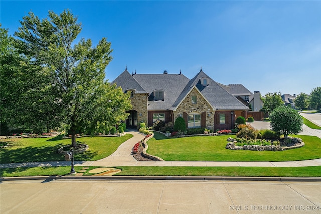 french country style house featuring a front lawn