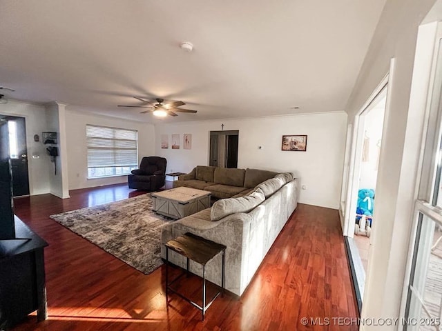 living room with crown molding, dark wood-type flooring, and ceiling fan