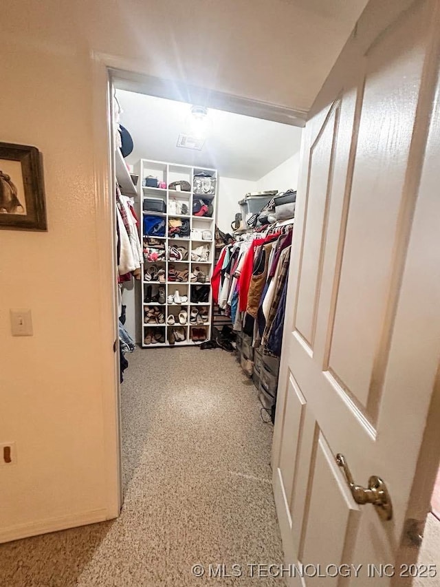 walk in closet with carpet