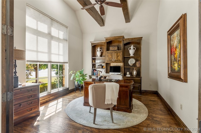 office area featuring built in desk, ceiling fan, high vaulted ceiling, and dark hardwood / wood-style flooring