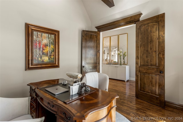 office space featuring dark wood-type flooring and vaulted ceiling