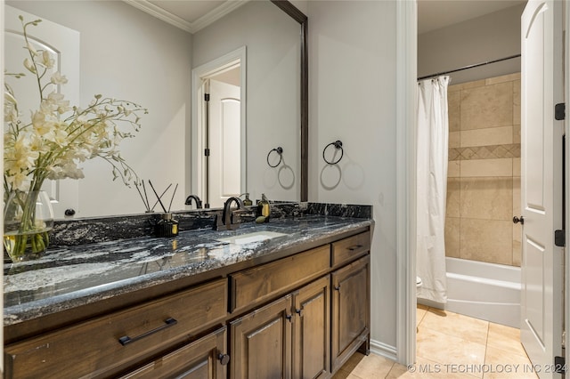 bathroom with vanity, crown molding, shower / bath combo with shower curtain, and tile patterned flooring