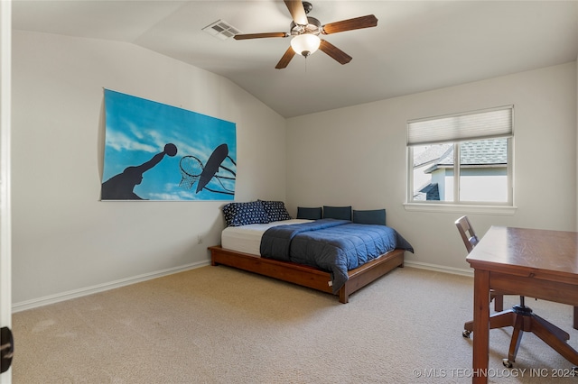 bedroom featuring lofted ceiling, carpet, and ceiling fan