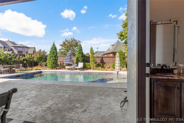 view of swimming pool with a patio and sink