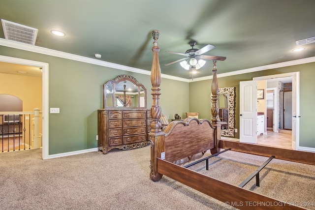 carpeted bedroom with crown molding