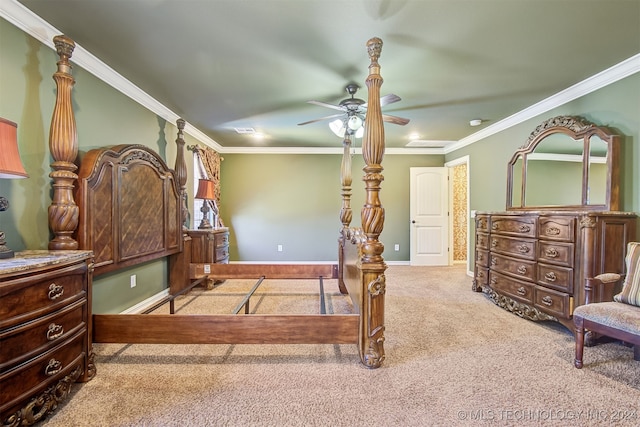 bedroom with light carpet, ornamental molding, and ceiling fan