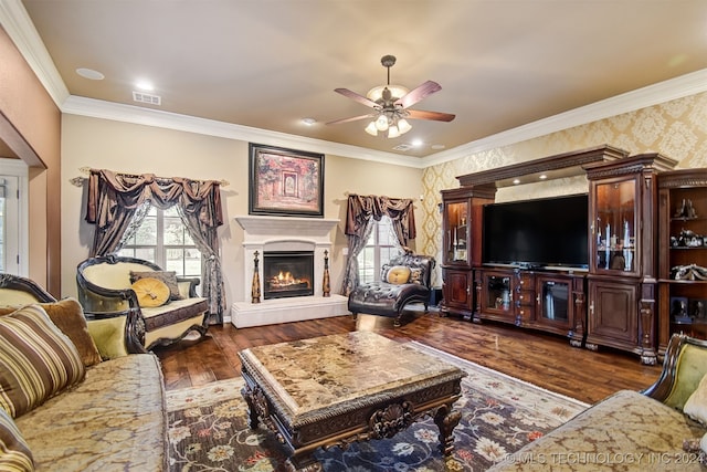 living room featuring ceiling fan, ornamental molding, and dark hardwood / wood-style floors