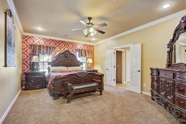 bedroom featuring crown molding, light colored carpet, and ceiling fan