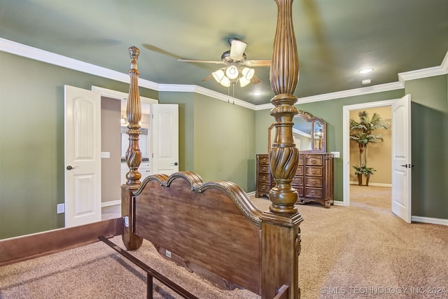 bedroom featuring crown molding, carpet flooring, and ceiling fan