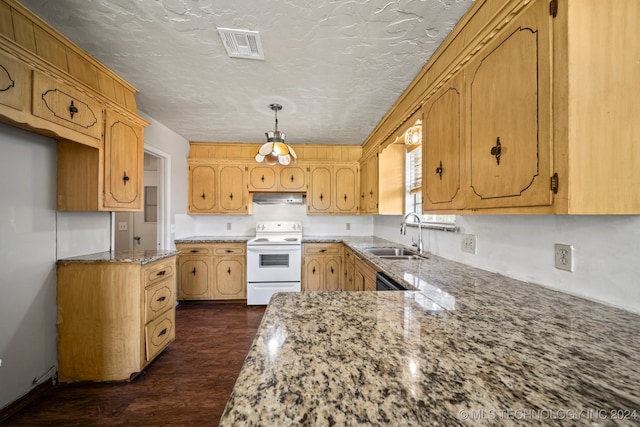 kitchen with sink, a textured ceiling, electric range, decorative light fixtures, and dark hardwood / wood-style floors