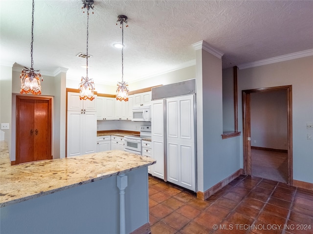 kitchen featuring crown molding, white cabinetry, hanging light fixtures, and white appliances