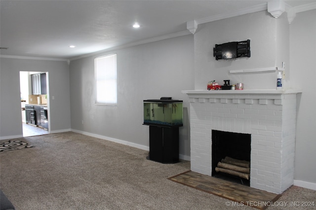 unfurnished living room featuring ornamental molding, carpet, and a brick fireplace