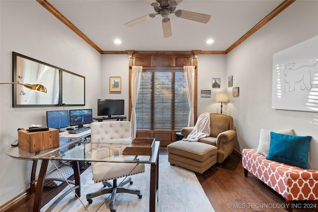 home office featuring ornamental molding, wood-type flooring, and ceiling fan