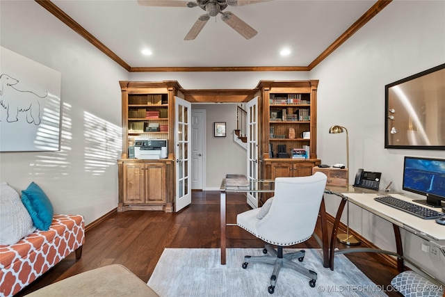 office area with ornamental molding, dark wood-type flooring, french doors, and ceiling fan