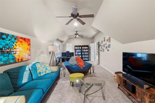 carpeted living room with lofted ceiling and ceiling fan