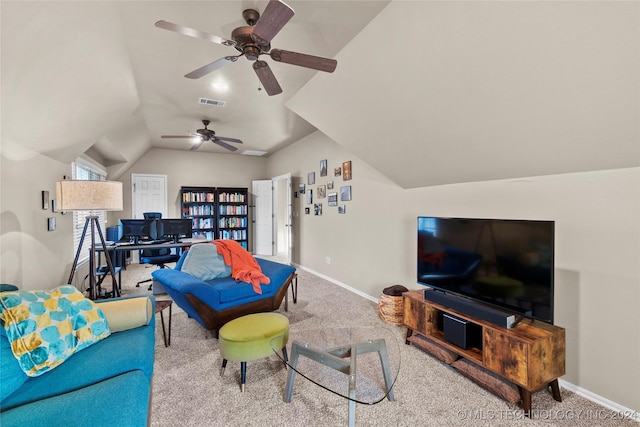 living room with light carpet, vaulted ceiling, and ceiling fan