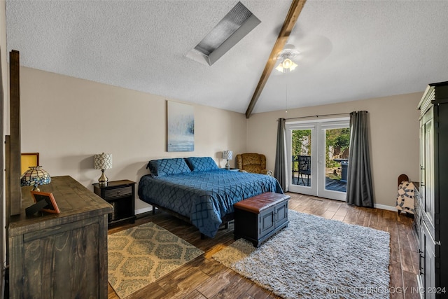 bedroom with dark wood-type flooring, access to outside, lofted ceiling with beams, and ceiling fan