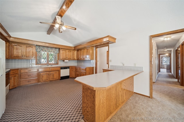 kitchen featuring vaulted ceiling with beams, backsplash, white dishwasher, kitchen peninsula, and light colored carpet