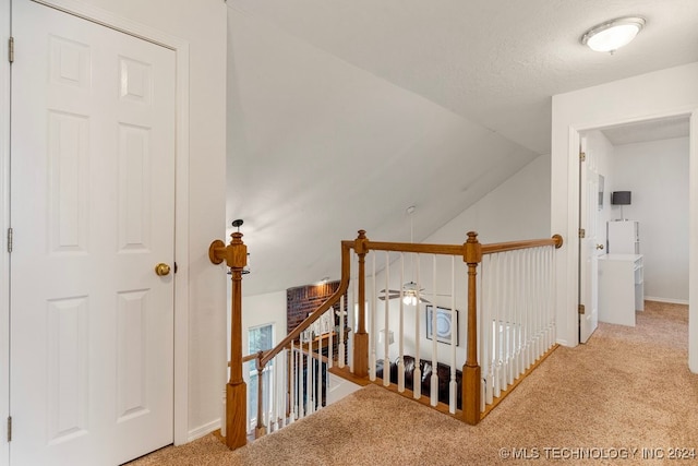 staircase featuring vaulted ceiling and carpet