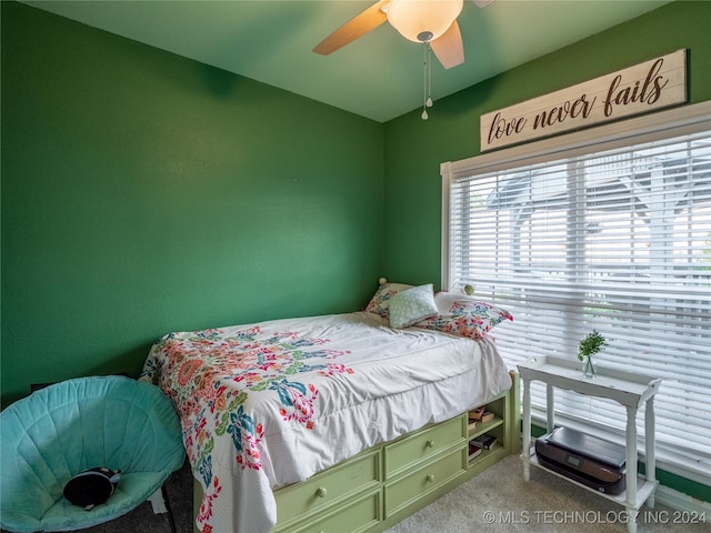 bedroom featuring carpet flooring and ceiling fan