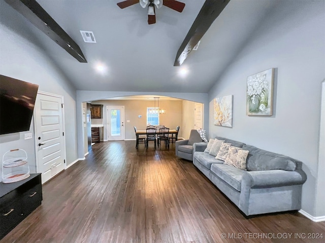 living room with ceiling fan, beamed ceiling, high vaulted ceiling, and dark hardwood / wood-style flooring