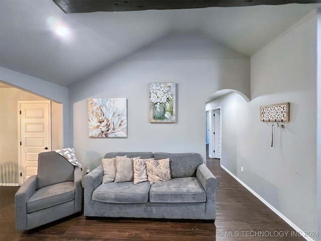 living room with vaulted ceiling and dark hardwood / wood-style floors