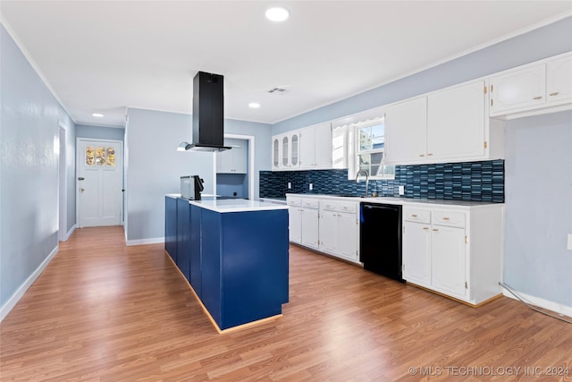 kitchen featuring island exhaust hood, light wood-type flooring, black dishwasher, and white cabinetry